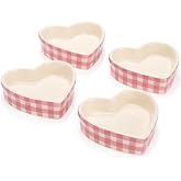 Paris Hilton Heart Shaped Ramekins Oven Safe, 4-Piece Mini Ceramic Ramekin Set, Stoneware Baking Dishes, Microwave, Dishwasher &amp; Freezer Safe, Gingham Design, 3-Ounce, Pink