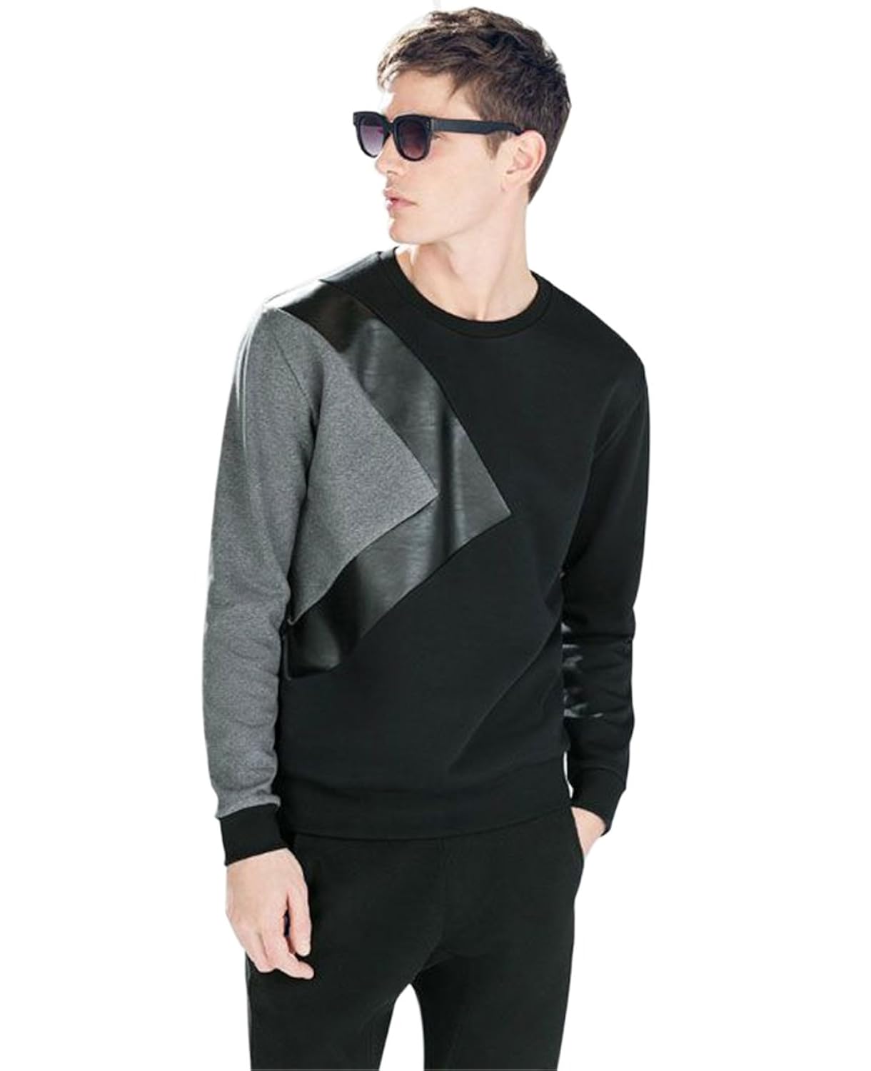 stand out full sleeve | faux leather | limited edition | three fabric | winter wear | sweatshirt | pullover | black & grey cotton t-shirt for men