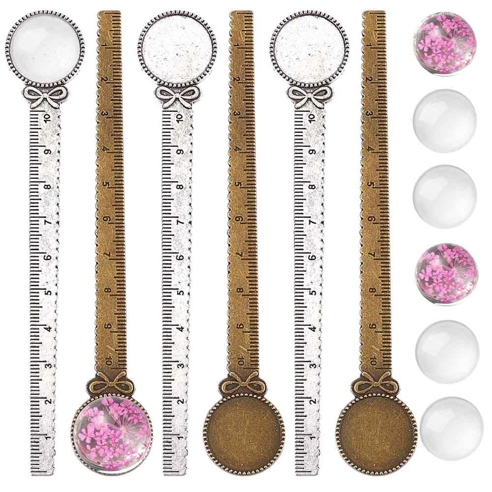 SUNNYCLUE 12Pcs DIY 6 Sets Antique Bronze Bookmark Silver Ruler Bookmarks Set Red Dried Flowers Glass Flat Back Cabochons Bookmark Blanks Bezel Tray Vintage Book Marks Making Kit for Reading