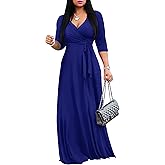 FANDEE Women's 2026 Maxi Dress - Solid Color Bohemian Summer Long Maxi Dress V-Neck 3/4 Sleeve