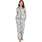 winkbay Women's Two Piece Pajama Set Floral Short Sleeve Top and Long Pants Loose Fit Sleepwear