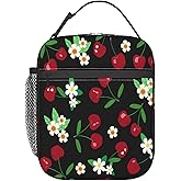 iyfcsl Cherry Lunch Box Black Insulated Lunch Bag for Women Men Reusable Portable Lunchbox Cooler Bento Tote Bag for Work Office Picnic