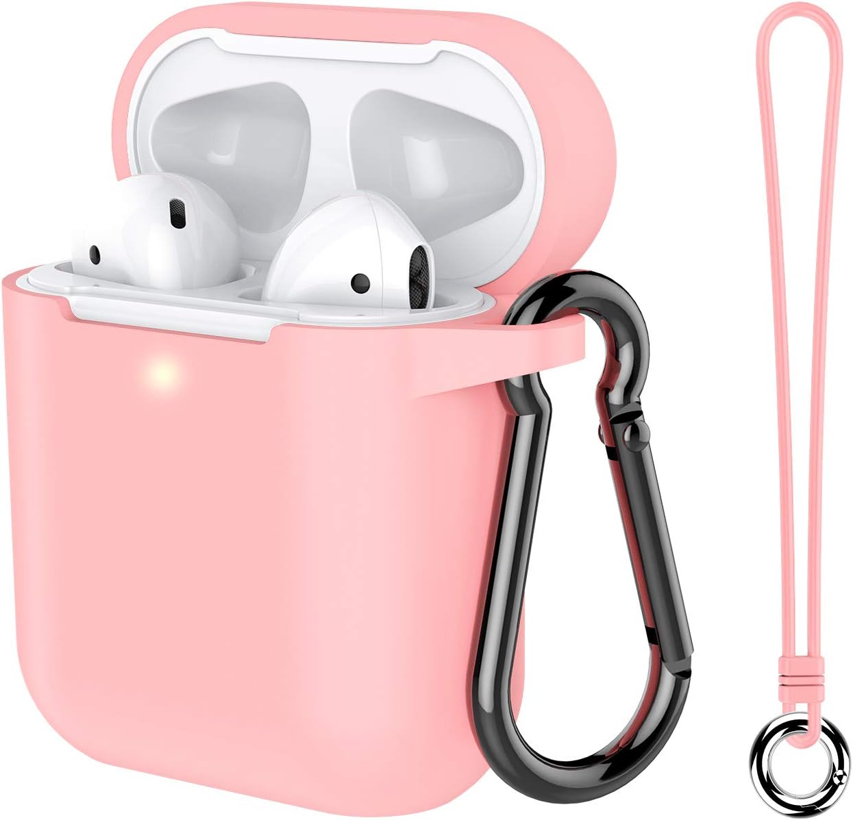 Airpods Case, Music tracker Protective Thicken Airpods Cover Soft Silicone Chargeable Headphone Case with Anti-Lost Carabiner for Apple Airpods 1&2 Charging Case (Pink)