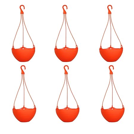 Grun Garden Essential Plastic Balcony Bell Hanging Basket/Planter Pots Set (8-inch, Orange, Pack of 6)