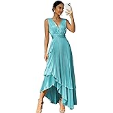 Lqdyrt Pleated Satin Bridesmaid Dress for Women Bow V-Neck Formal Evening Dress
