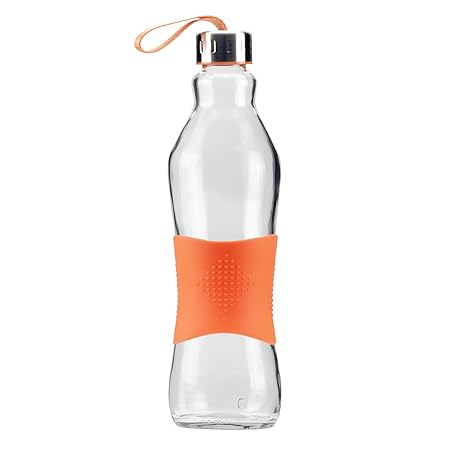 Grip & Go 1.0L Glas Wasserflasche/Kühlschrank Flasche - Rutschfester Silikongriff - Edelstahldeckel - ORANGE