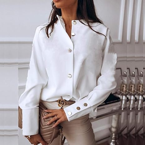 Amazon Co Jp エレガントな白いブラウスシャツ女性の長袖butttonファッション女性ブラウスレディーストップスやブラウスソリッド 春のトップス Zzbiao Color White Size L ホーム キッチン