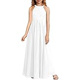 HOSIKA Girls Halter Neck Sleeveless Elegant Lace Chiffon A-line Long Flower Girl Dress for Wedding Party 6-12 Y