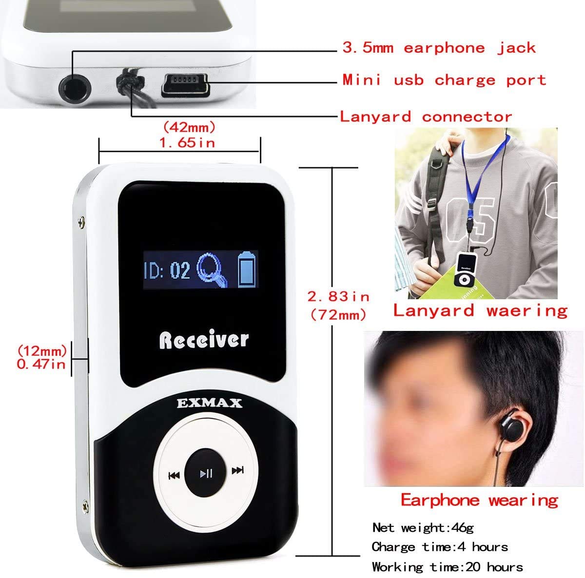 EXMAX Translation Equipment for Church ATG-100T 195MHz Wireless Audio Tour Guide System Voice Transmission for Interpretation City Tour Museum Exhibition Travel Classroom (1 Transmitter 15 Receivers)