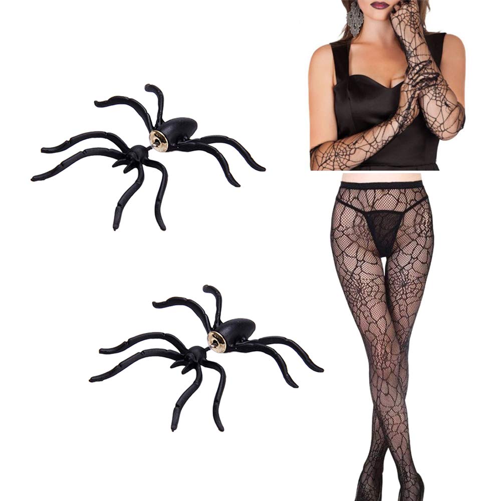 Lifreer Halloween Costume Set include 1PC Halloween Spider Web Tights, 1 Pair Spider Ear Stud, 1 Pair Spider Web Gloves for Halloween Costume Accessory