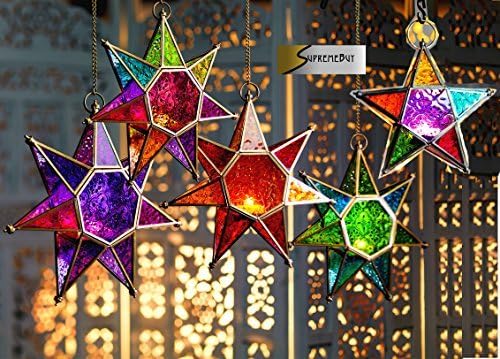 MOROCCAN STYLE STAR HANGING GLASS LANTERN (TEALIGHT HOLDER) - HOME &amp; GARDEN (Large Green/Blue) by SupremeBuy