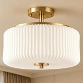 Semi Flush Mount Ceiling Light with 12" Milk Glass Shade for Schoolhouse | Gold 3-LIght Entryway Ceiling Mount Light Fixtures, Ribbed Glass Enclosed shade, Close to Ceiling Lamp for Bedroom Hallway