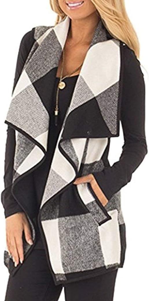 Womens Casual Lapel Open Front Plaid Vest Cardigan Coat with Pockets