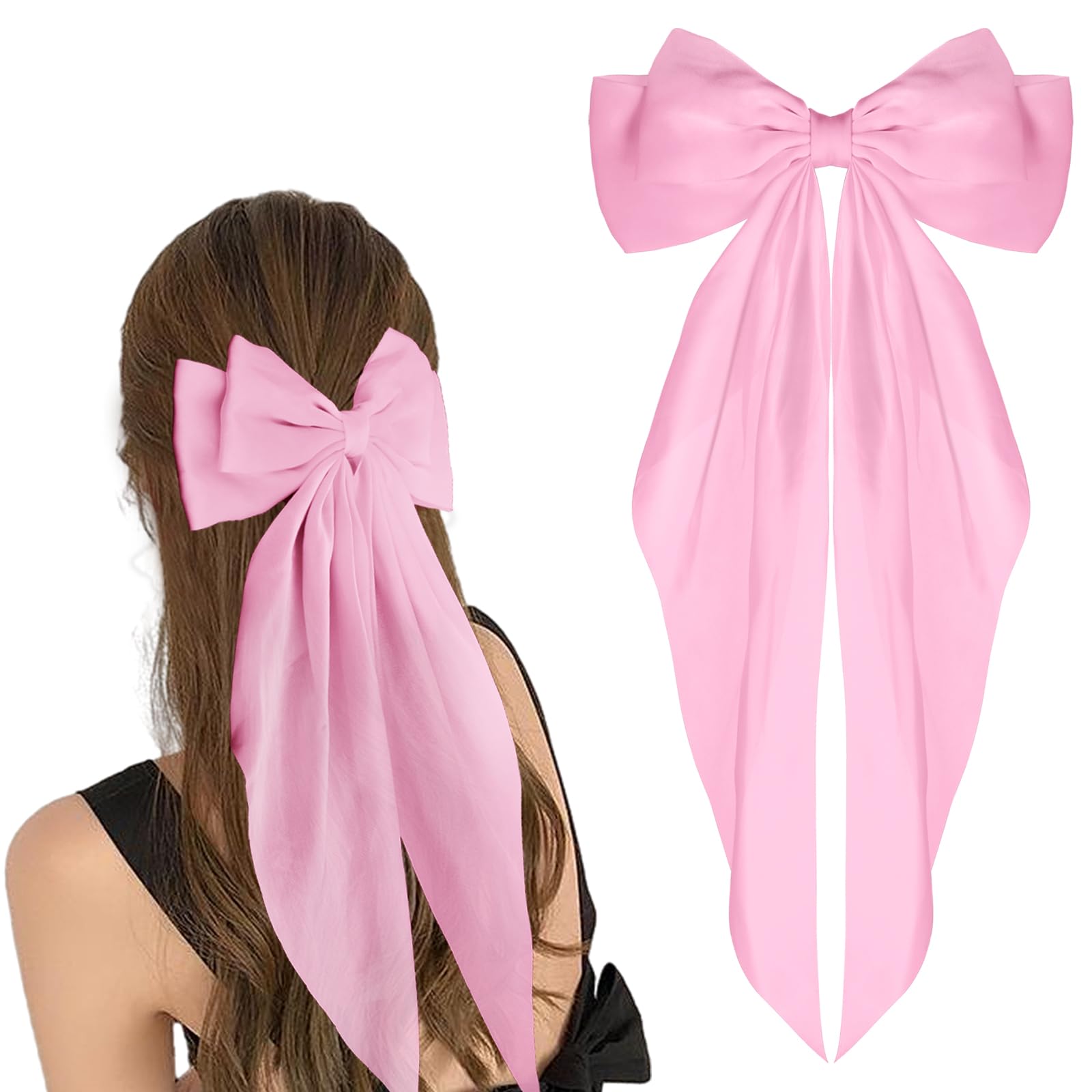 WLLHYF Big Bow Barrettes Long Tail French Ribbon Hair Pins Soft Silky Satin Hair Clip Metal Bowknot Clips 90's Accessories for Party Women Girl Valentine's Day