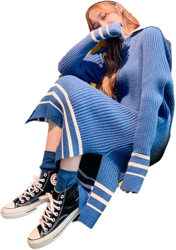 Amazon Co Jp ニットワンピース レディース ブルー ロング丈 トップス ニット F セーター 厚手 長袖 膝丈 マキシ丈 レディース ワンピ シンプル カジュアル きれいめ 春服 秋服 冬服 レディース ワンピース ニット レディース セーター 服 ファッション小物