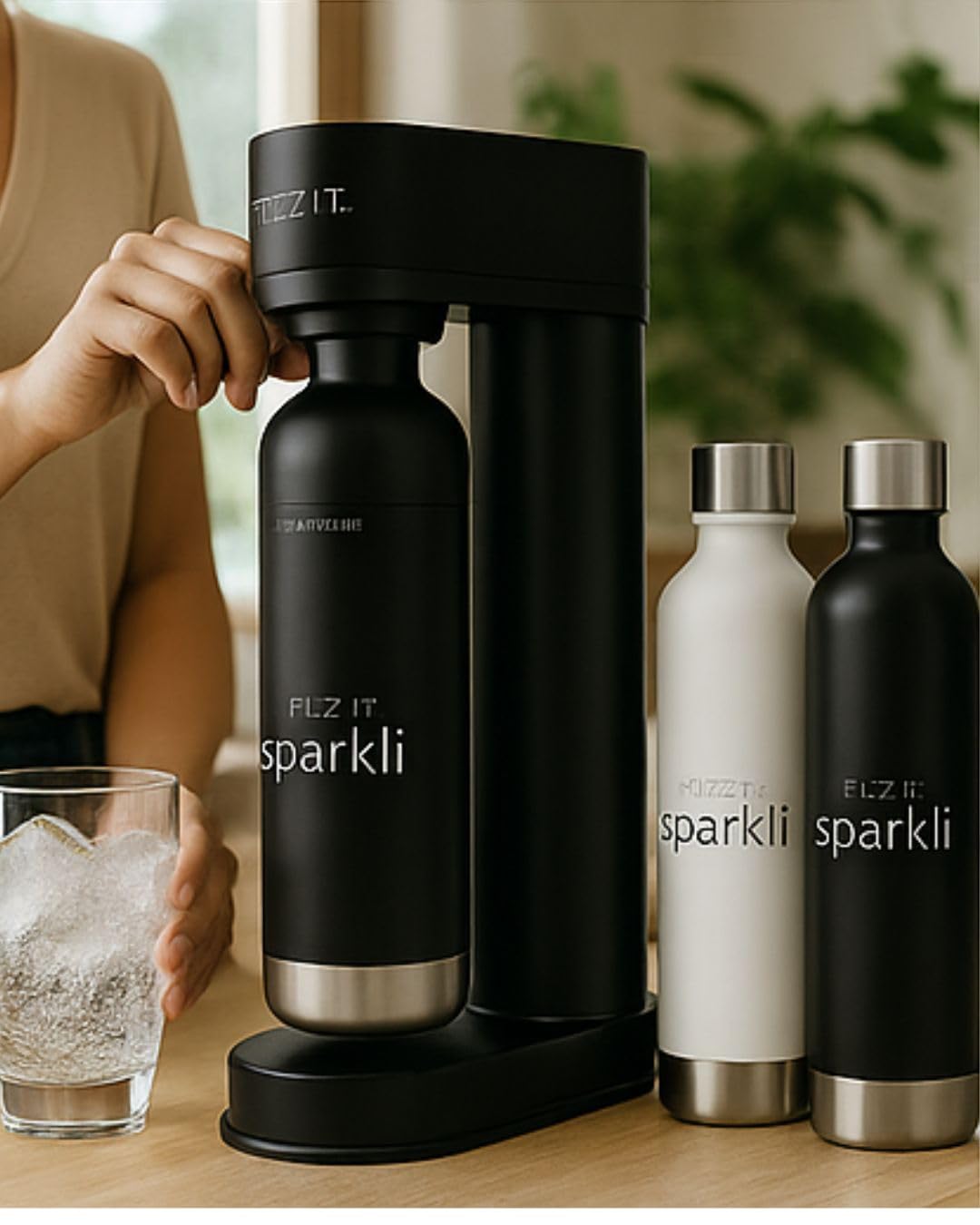 Fizzit Spärklï Carbonated Water Soda Maker with Stainless Steel Bottle Included,Dishwasher Safe (Sparkli-Black)
