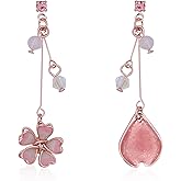 Aishgjia Dainty Cherry Blossoms Dangle Stud Earrings Sterling Silver for Women Rose Gold Pink Crystal CZ Diamond Dangling Charm Flower Leaf Threader Earring Ear