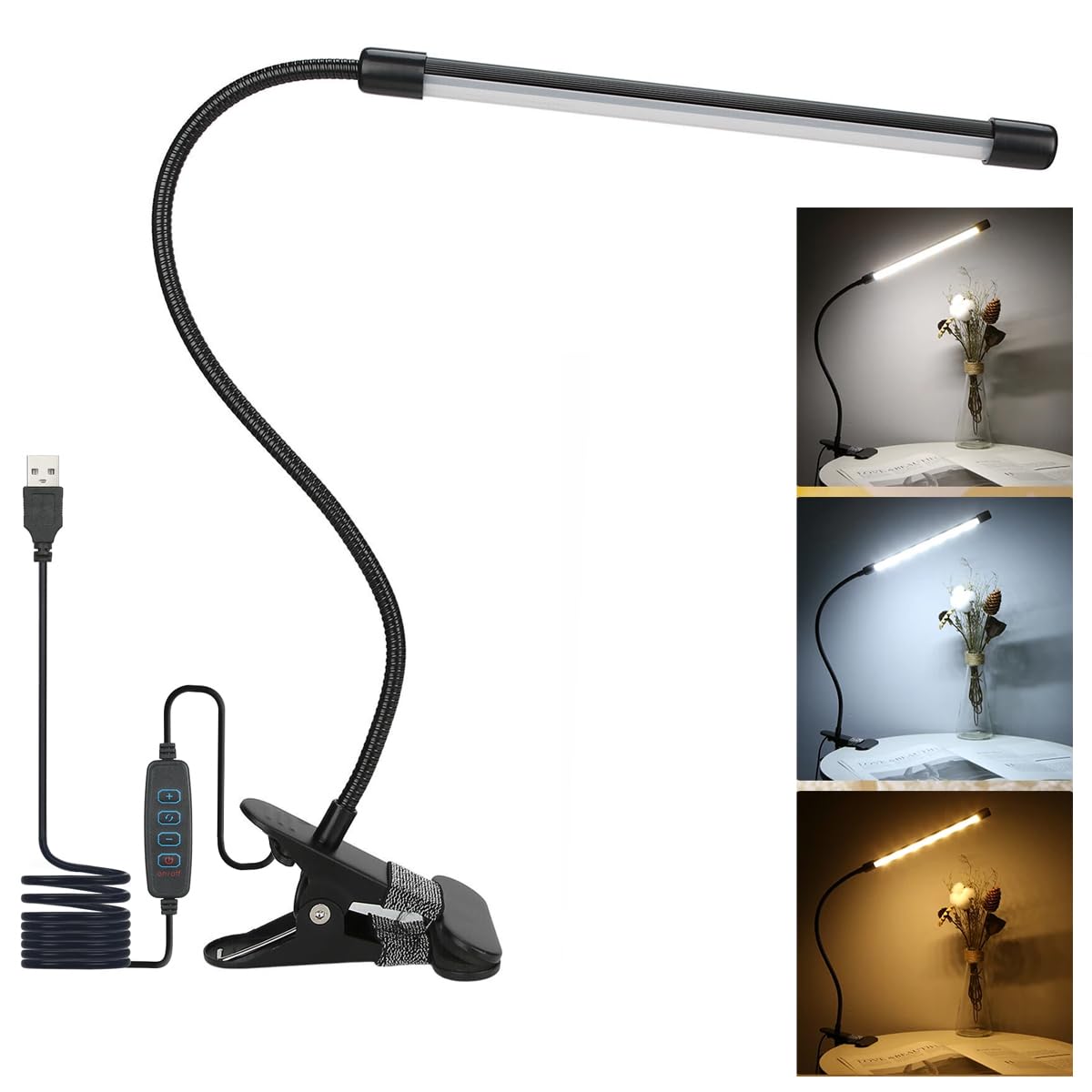 SAMTEK LED Desk Lamp, 3 Light Mode &10 Brightness Eye Caring Beside Lamp Flexible & Adjustable USB Powered Clip on Desk Light for Reading Office Crafts Studying Working Gaming