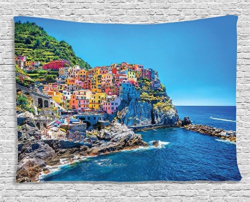 Get Orange Mediterranean Sea European Style Traditional Italian Design Cliff Coastline View Mountains, Bedroom Living Room Dorm Wall Hanging Tapestry (60W X 51L, Mediterranean)
