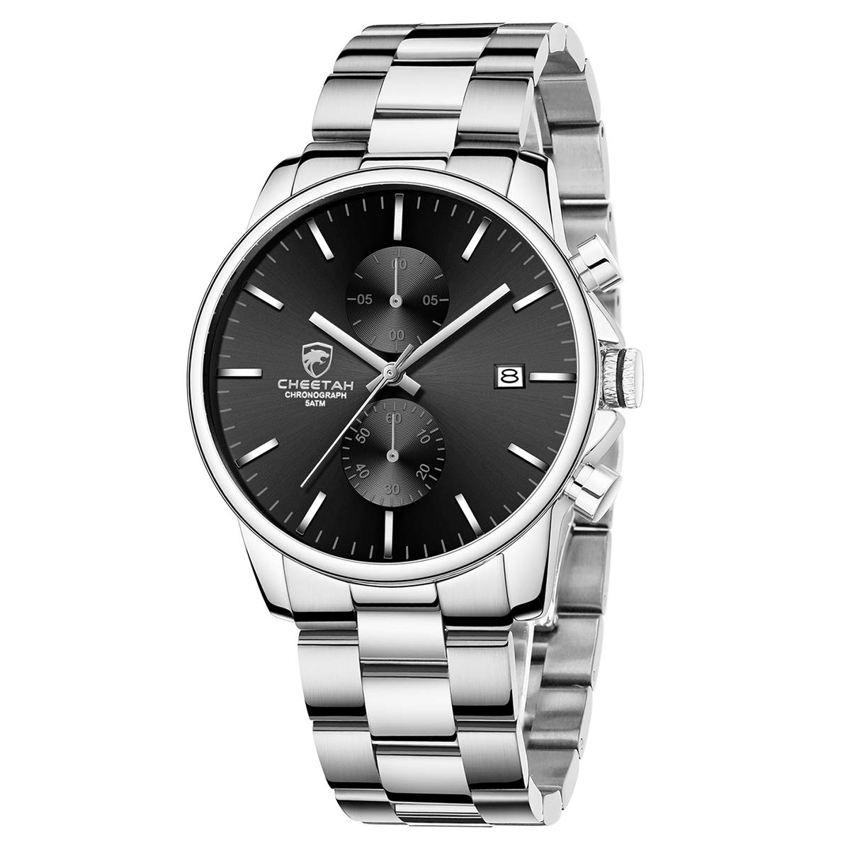 GOLDEN HOUR Fashion Business Mens Watches with Stainless Steel Waterproof Chronograph Quartz Watch for Men, Auto Date (Silver Black)