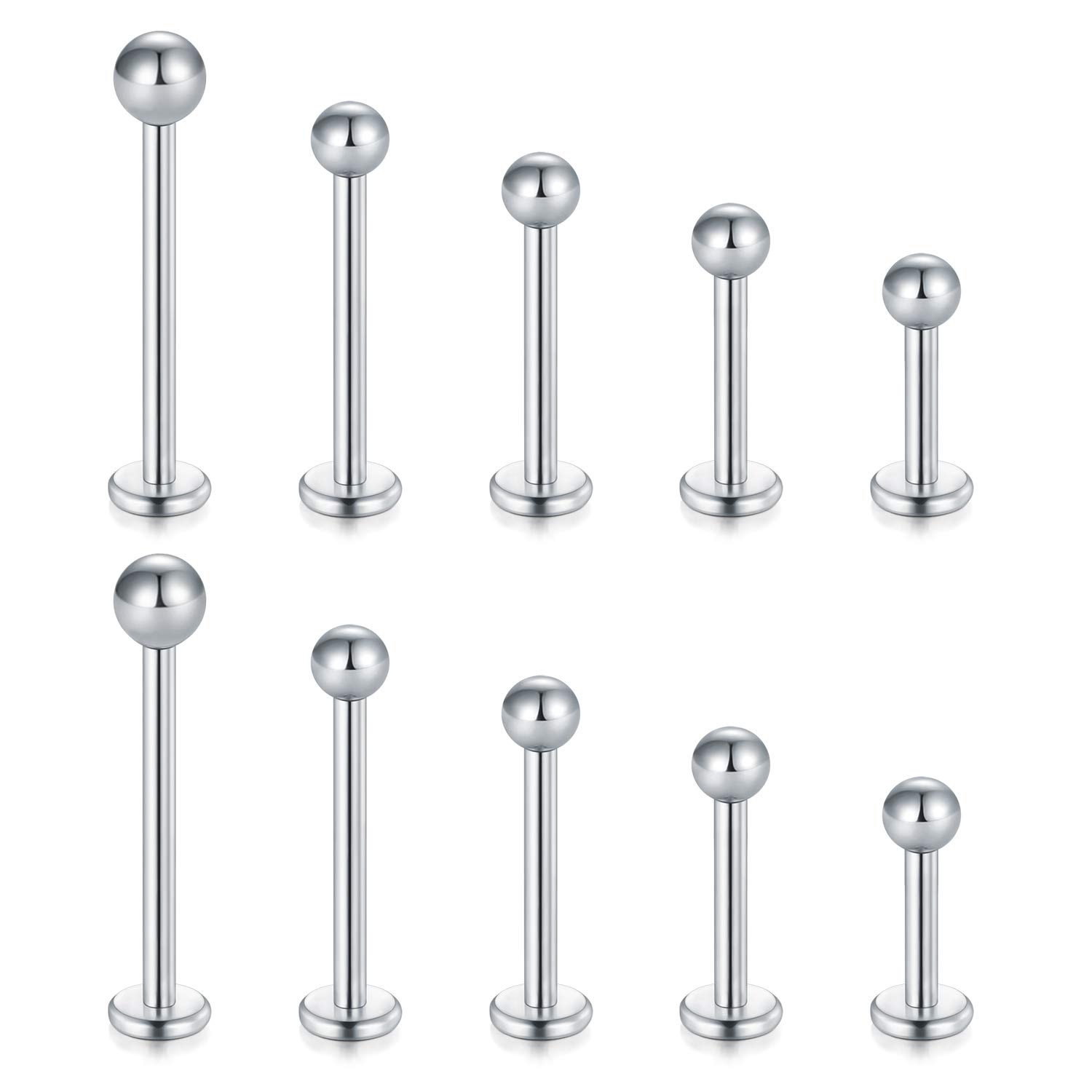 Longita 5 Pairs (10PCS) 16G Stainless Steel Labret Monroe Lip Ring Tragus Helix Earring Stud Piercing Jewelry 6mm 8mm 10mm 12mm 14mm-Silver