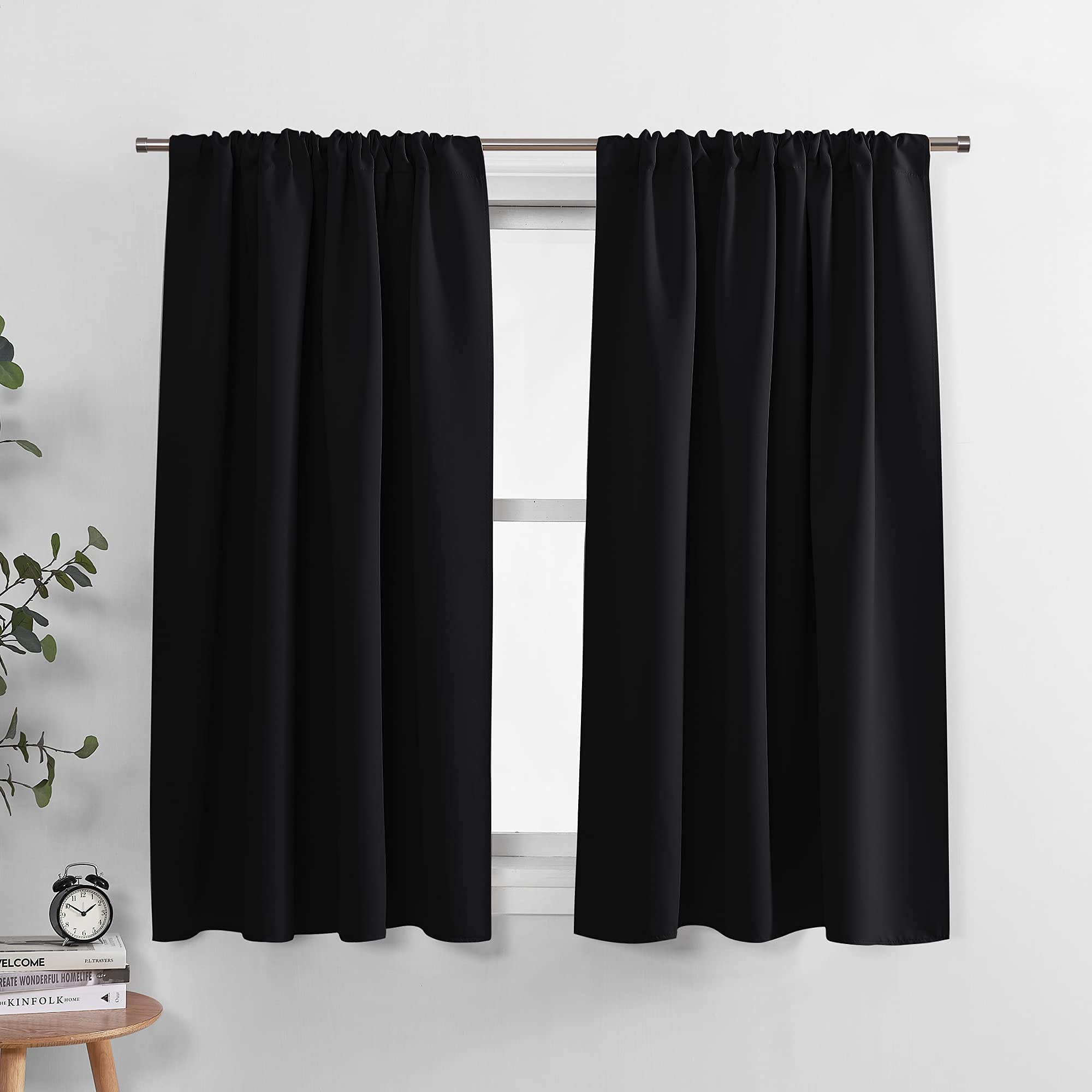 Photo 1 of PONY DANCE Bedroom Blackout Curtains - Light Block Solid Soft Rod Pocket Energy Efficient Thermal Insulated Blackout Curtain Panels/Window Drapes for Home Decor, 52 by 45 in, Black, 2 Pieces