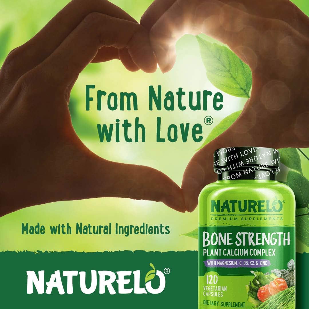 NATURELO Bone Strength - Plant-Based Calcium, Magnesium, Potassium, Vitamin D3, VIT C, K2 - GMO, Soy, Gluten Free Ingredients - Best Whole Food Supplement for Bone Health - 120 Vegetarian Capsules: Health & Personal Care