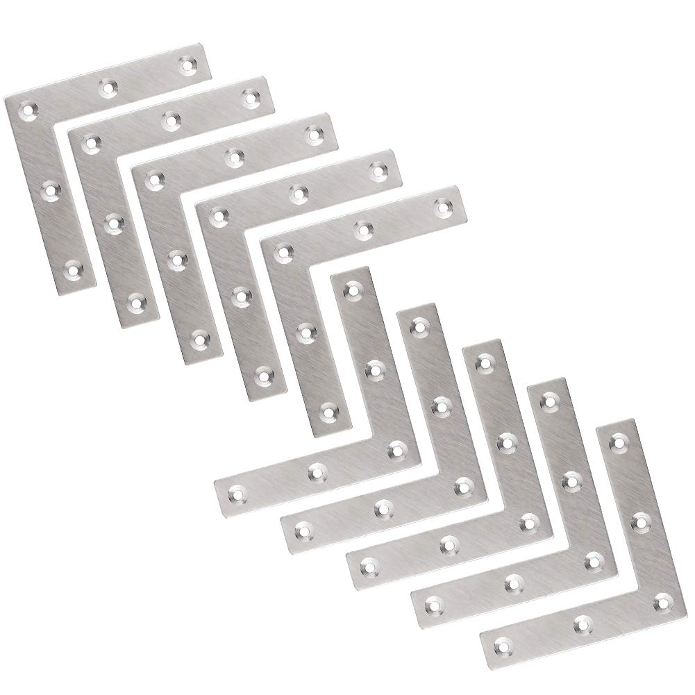 Flat L Shaped Corner Bracket, Tiberham 10 Pcs 80 x 80 mm Stainless Steel Right Angle Corner Brace Repair Plate, Heavy Duty Furniture Fastener Joint Corner Connector for Wood Shelf Cabinet Table Chair