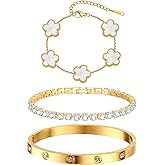 Womens Stackable Floral Gold Bracelets - 3Pcs 18K Gold Plated Bracelet,Stainless Steel Bangle Bracelets Non Tarnish, Gold Bracelet Set Trendy Jewelry,Christmas Valentines Birthday Gifts for Girlfriend