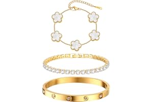 MPRAINBOW Womens Stackable Floral Gold Bracelets - 3Pcs 18K Gold Plated Bracelet,Stainless Steel Bangle Bracelets Non Tarnish, Gold Bracelet Set Trendy Jewelry,Christmas Valentines Birthday Gifts for Girlfriend