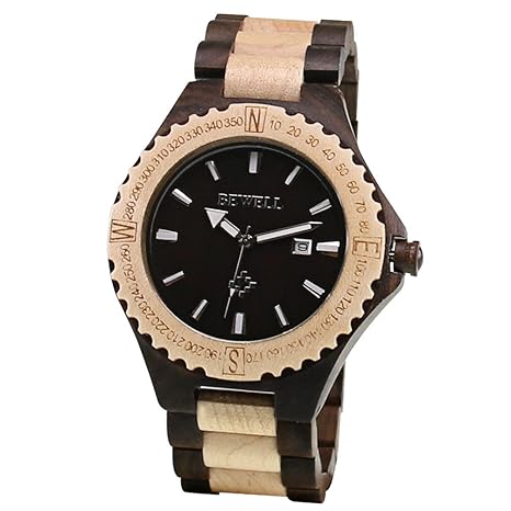 Bewell Herren Holz Armbanduhr Analog Quarz Bewegung mit Datumsanzeige Retro-Stil
