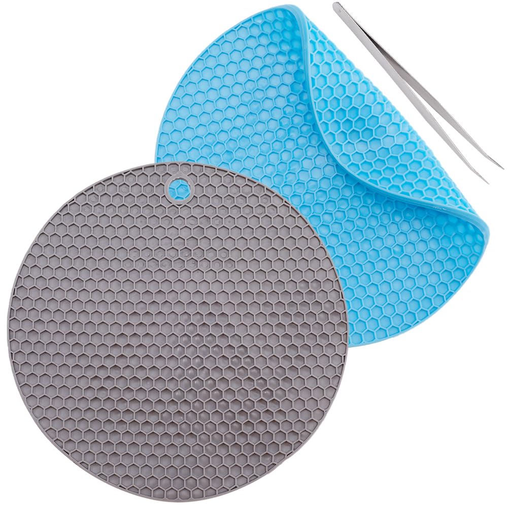 GORGECRAFT 2Pcs Round Doming Mats Rubber Trivet Mats Nonslip Insulation Honeycomb Heat Resistant Pad Large Coasters Pot Holder Set with 1Pc Beading Tweezer for Hot Dishes DIY Jewelry Making Grey Blue