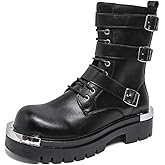 Men's Leather Lace Up Platform Military Combat Boots with Multiple Buckle Side Zip Chunky Heel Goth Motorcycle Trendy Round Toe Lug Sole Non Slip Comfort Y2K Boots for Motorcycle Rides Daily Work