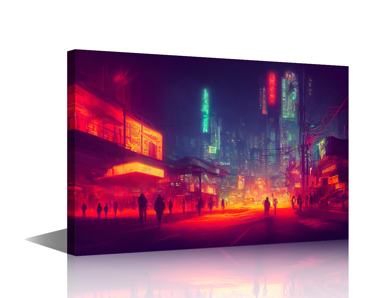 Wall Art Cyberpunk Artwork for Home Metaverse City Paintings City Night Neon Wall Art Pictures for Living Room Multi Panel Prints on Canvas House Decor Giclee Framed Ready to Hang 24x16 in