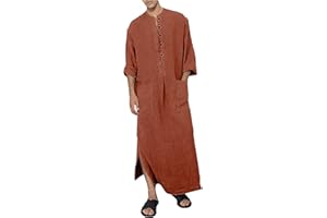 YAOHUOLE Men's Kaftan Thobe Long Sleeve Muslim Robe Button Up Side Split Kaftan Thobe with Pockets