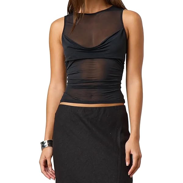 Women Sheer Mesh Tank Top Y2k Sleeveless See Through Ruched