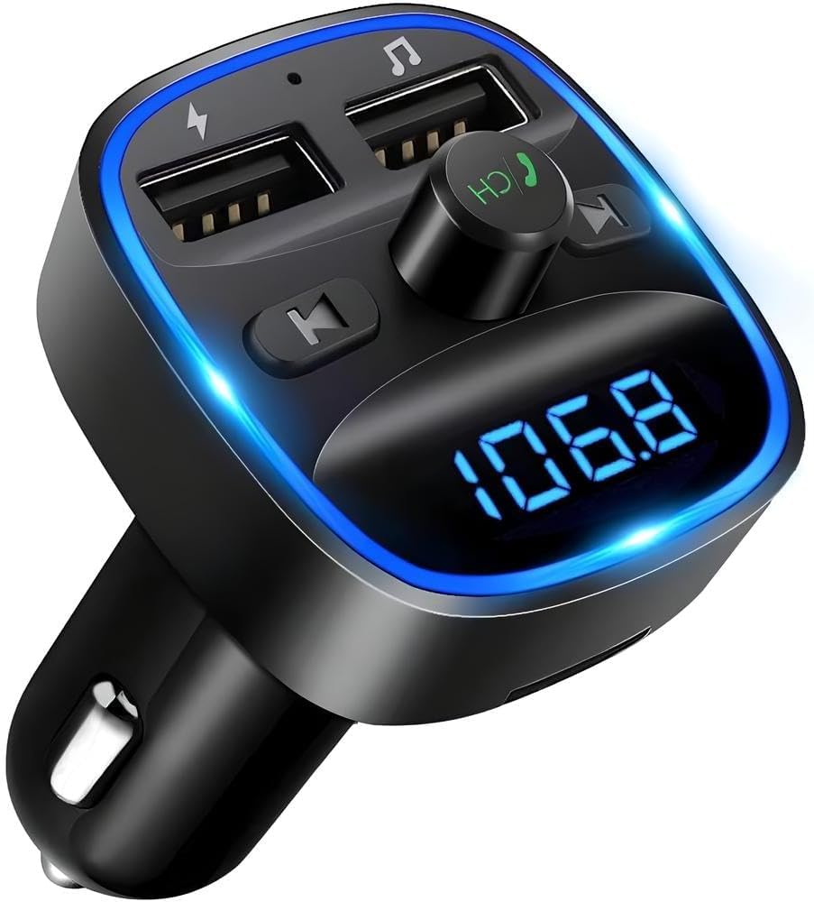 FM Bluetooth Transmitter Car Adapter with Dual USB Fast Charger, Wireless Hands-Free Car Kit, 12V Cigarette Lighter Socket Splitter, Car MP3 Player with Voltage Display & Campervan Accessories