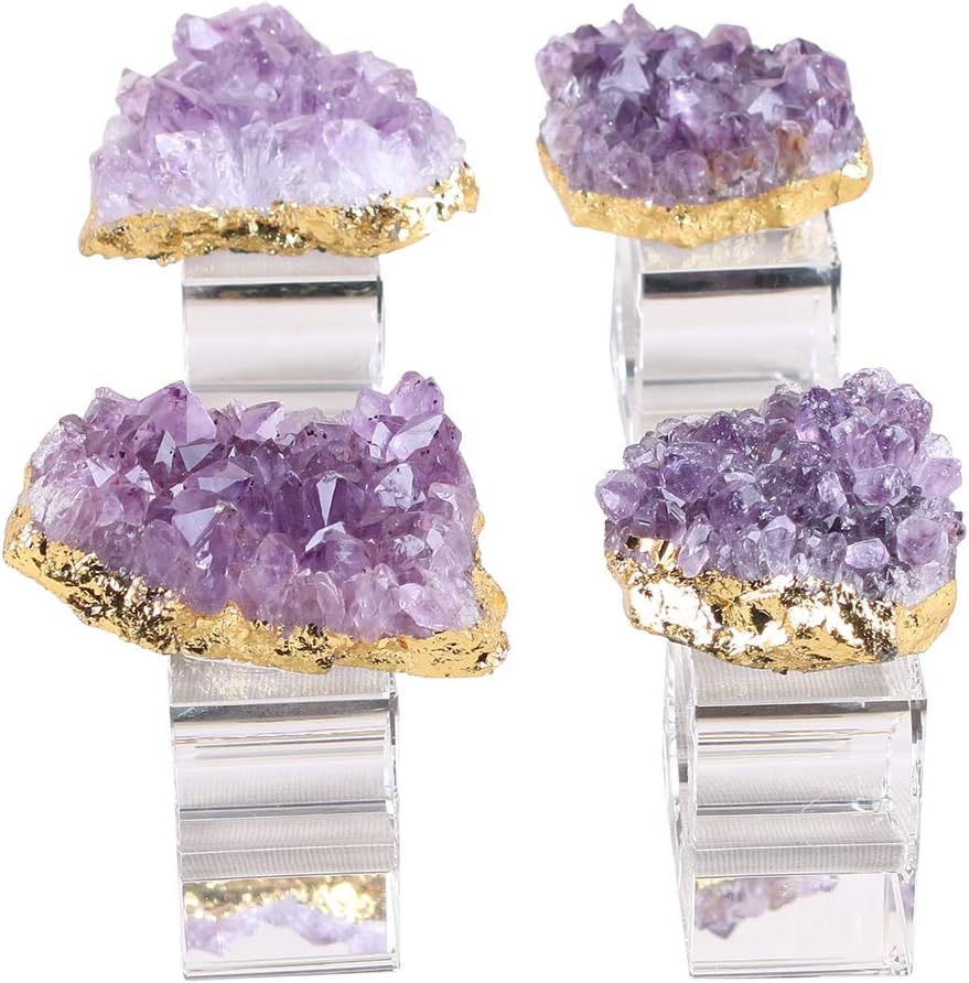 CXDGEM Set of 4 Natural Amethyst Cluster Napkin Rings Gold Plated Crystal Napkin