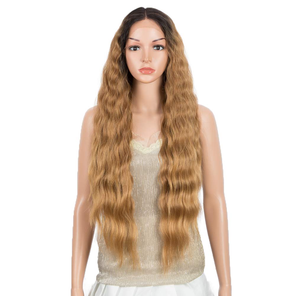 DÉBUT Lace Front Wigs 30 inches Water Wave Super Long Wigs 5% Brazilian Human Hair and 95% Heat Resistant Synthetic Wig 240g 6 inches Lace Parting (LACE 30", TT6/23C: SOP43026: OMBRE HONEY BROWN)
