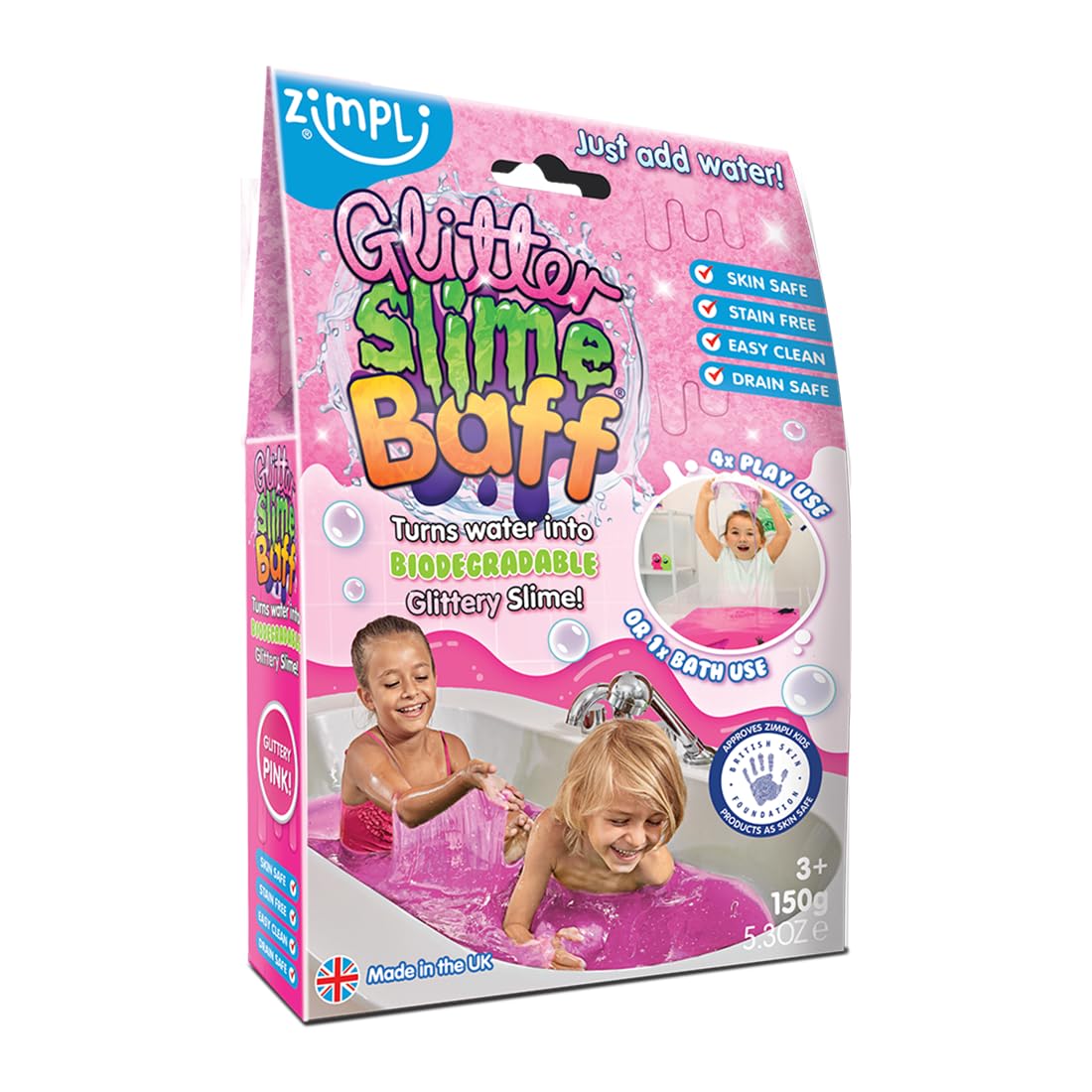 ZIMPLI - Glitter Slime Baff Pink, 1 Bath or 4 Play Uses, DIY Make your own glittery slime, Sensory Bath Toys for Autism, Certified Biodegradable, UK Made