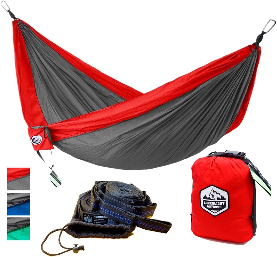 Greenlight Outdoor Camping Hammock with Hammock Tree Straps - lightweight Parachute Portable Backpacking Hammock - 2 Person Double Travel Hammock, 118" x 78".
