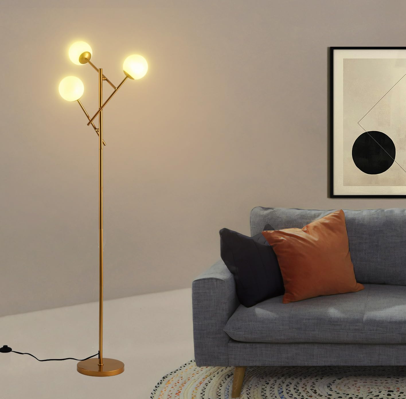 Fiqevs 3 Globe Mid Century Floor Lamp, Modern Gold Standing Lamp with ...