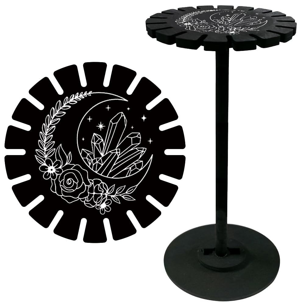 CRASPIRE Pendulum Holder Crystal Display Shelf Black Wooden Pendulum Dowsing Wheel Display Stand Witch Stuff Stand for Crystal Essential Oil Display (Moon and Crystal)