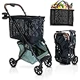 Strolee Personal Luxury Folding Shopping Cart On Premium Wheels – Ultra Lightweight Aluminum Frame – Removable Shopping Bag with Carry Strap & Lower Grocery Storage 75Lbs Capacity (Sage v2)