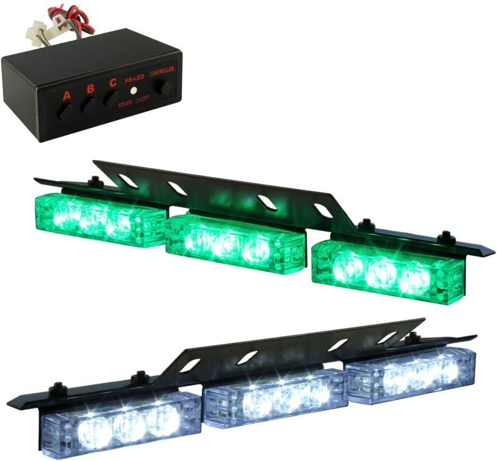 18 x Ultra Bright LED Emergency Warning Use Flashing Strobe Lights Bar For Windshield Dash Grille (18 Led, Green and White)