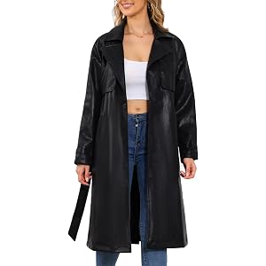 SLKVOSON Women's Faux Leather Trench Coat - Mid-Long Overcoat Lapel Collar Belted Jacket Winter Fall Outfits