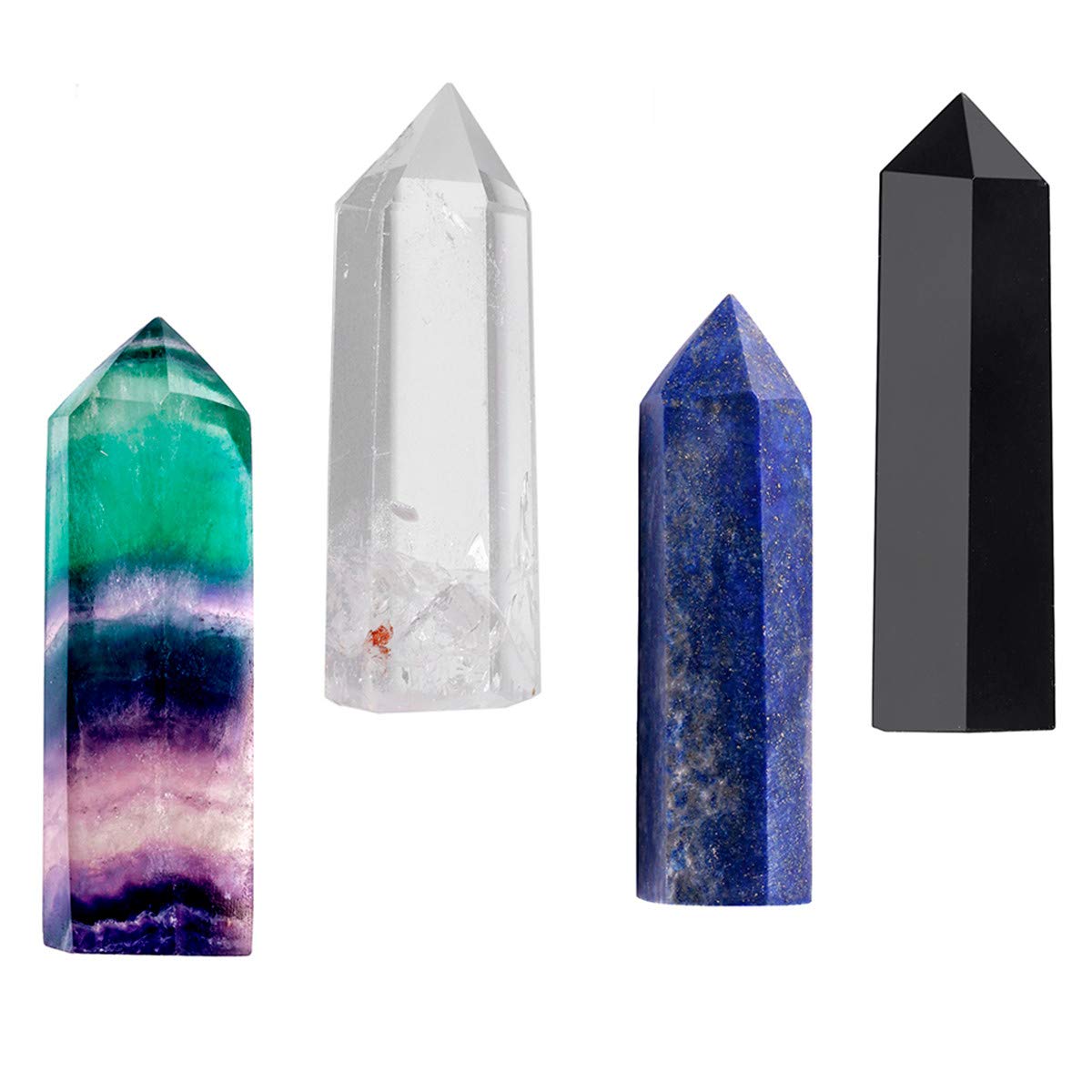 mookaitedecor 4 PCS Healing Crystal Wands Single Point 2" Black Obsidian, Rock Quartz, Lapis Lazuli, Rainbow Fluorite 6 Faceted Reiki Stone for Meditation Therapy Decor
