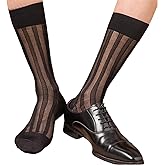 EINCORN Mens Casual Business Dress Socks Middle Calf Wide Striped Sheer Nylon Stockings Formal Suit See Through Silk Socks
