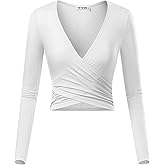 VETIOR Women's Deep V Neck Long Sleeve Unique Slim Fit Cross Wrap Shirts Crop Tops