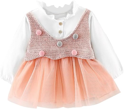 Amazon ワンピース ベビー服 Glennoky ポンポン付き メッシュドレス スカート スプライス 女の子 お姫様 プリンセス 可愛い 長袖 お嬢様 子供服 こども 赤ちゃん服 三五七 日韓風 秋冬 ゆったり カジュアル 普段着 部屋着 通学 学園祭 入園式 ワンピース チュニック